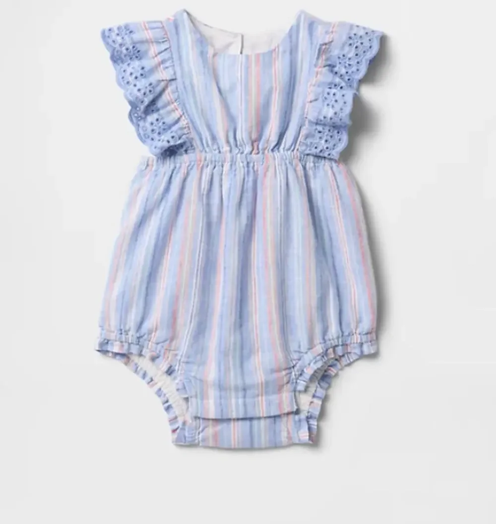 Gap Baby Girl Linen Bubble Shorty Romper 18-24 Months Blue Pink Stripe Eyelet